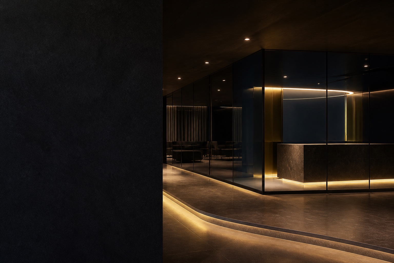 Abstrakte digitale Architektur in Dunkelblau und warmem Gold als Sinnbild für individuelles Webdesign