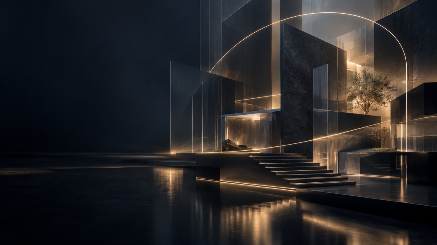 Abstrakte Architektur aus Nachtblau, Glas und champagnergoldenen Lichtlinien als Symbol für klare digitale Systeme