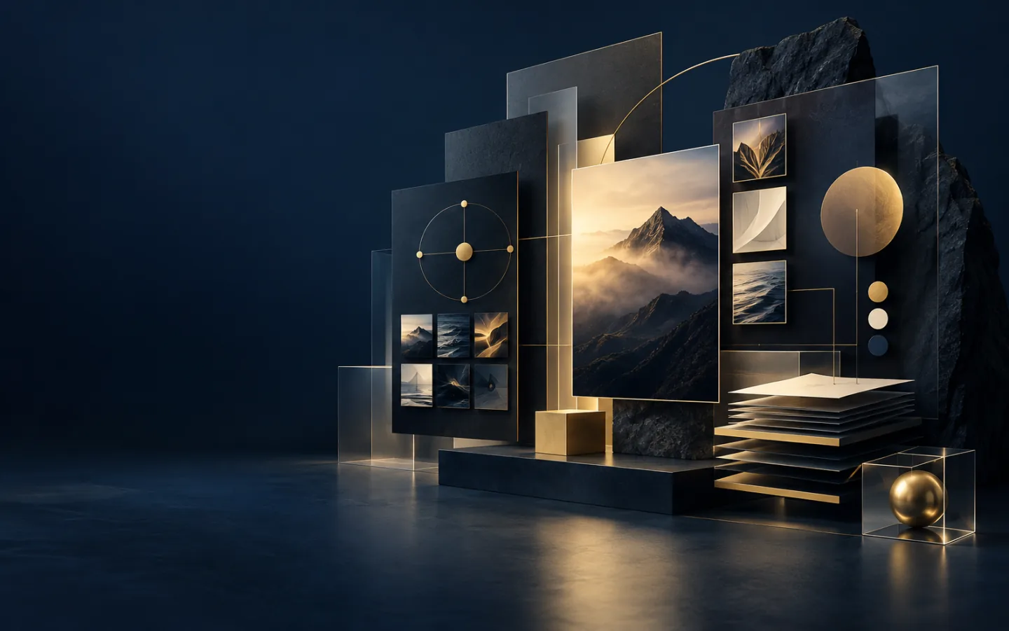 Modulares Marken- und Content-System in Nachtblau und Champagnergold
